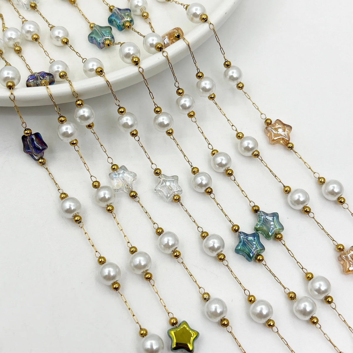 E250 Gold Plated Stainless Steel Permanent Chain Colorful Crystal Star Stone Chain Pearl Beads Chains for Diy