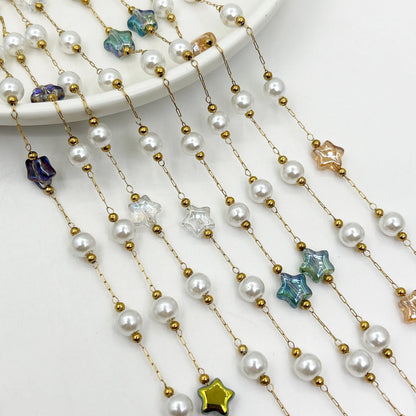 E250 Gold Plated Stainless Steel Permanent Chain Colorful Crystal Star Stone Chain Pearl Beads Chains for Diy