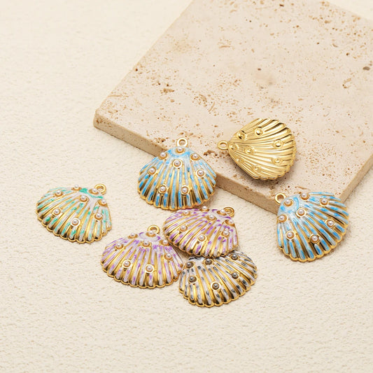 Gold Plated Seashell Charm Striped Shell Pendant with Pearl Single Sided Enamel  DIY Beach Jewelry Making Supplies Wholesale
