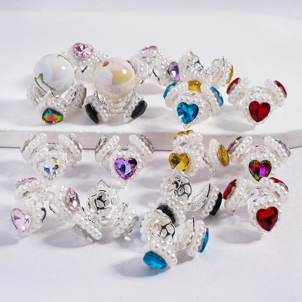 Handcrafted Silver Bead Caps Metal Bead Cages with Heart Pearl Chains for DIY Bracelet Charm Projects