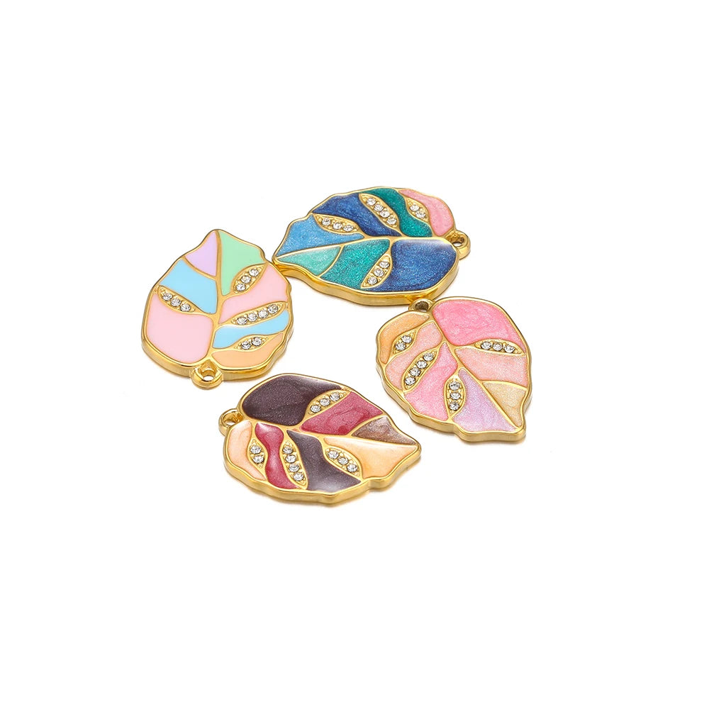 Fashion Stainless Steel 18k Gold Plated Colorful Enamel Leaf Charms Pendant for Jewelry Necklace Earrings Making Accessories