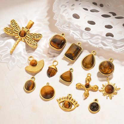 Vintage Handmade DIY Stainless Steel Gold Plated Tiger Eye Stone Charm Pendant for Necklace Jewelry Making