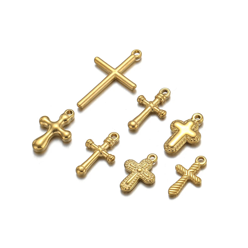 Classic 18k Gold Plated Stainless Steel Cross  Charm Pendant for DIY Necklace Jewelry Making Accessories Wholesale