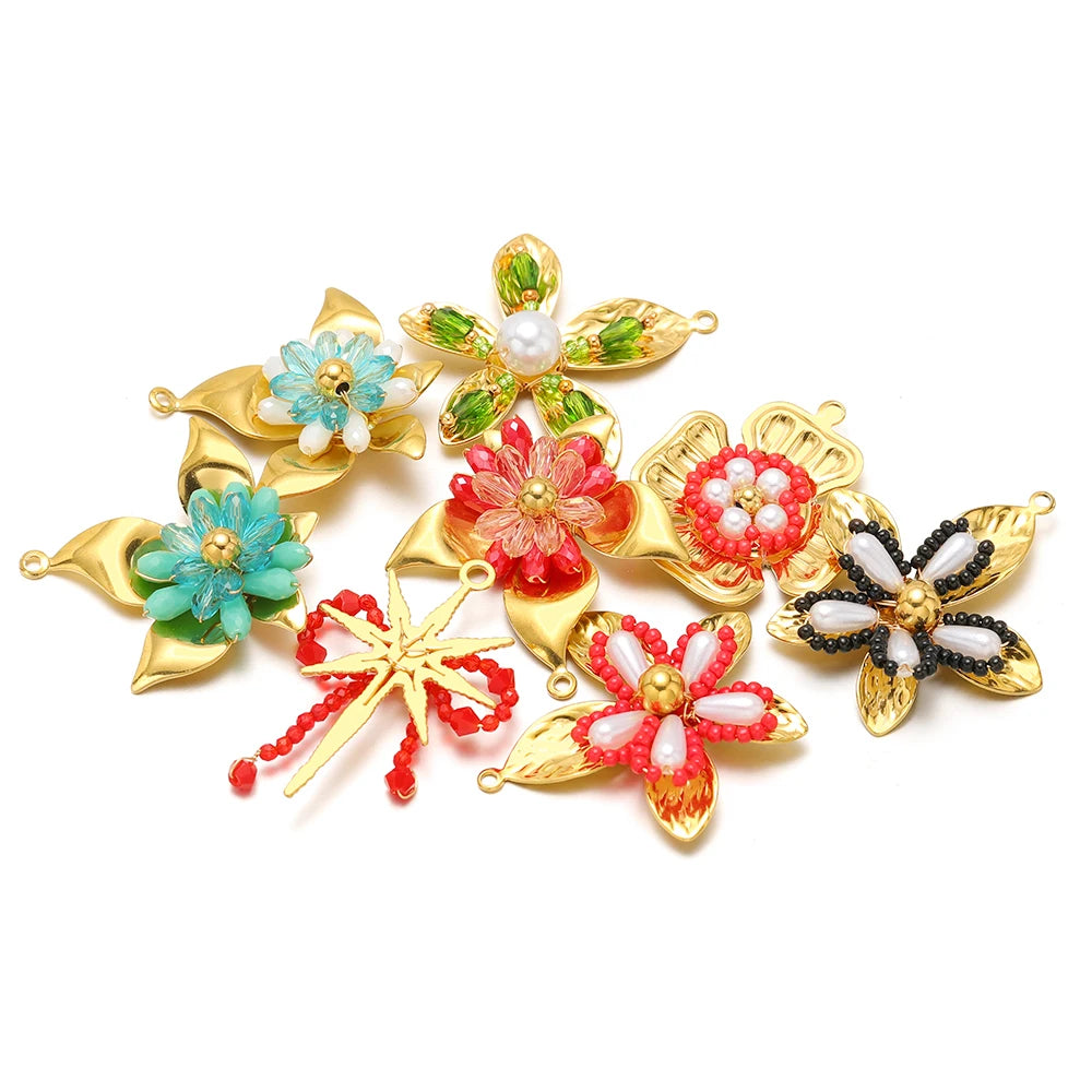 Elegant Designs 18k Gold Plated Stainless Steel Bowknot Flower Crystal Bead Charm Pendant for Jewelry Making Accessories