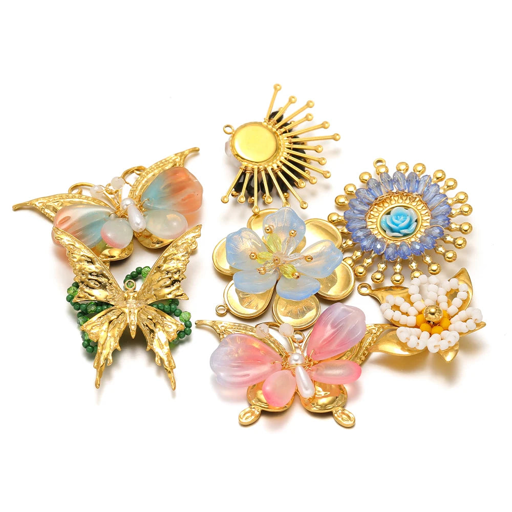 Handmade 18k Gold Plated Stainless Steel Crystal Geometric Flower Sun Charm Colorful Butterfly Pendant for Jewelry Making