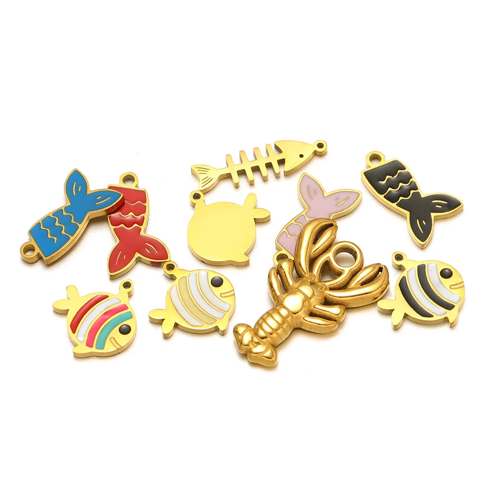 Fashion 18k Gold Plated Stainless Steel Enamel Fish Lobster Charm Pendant for DIY Jewelry Making Jewelry Findings