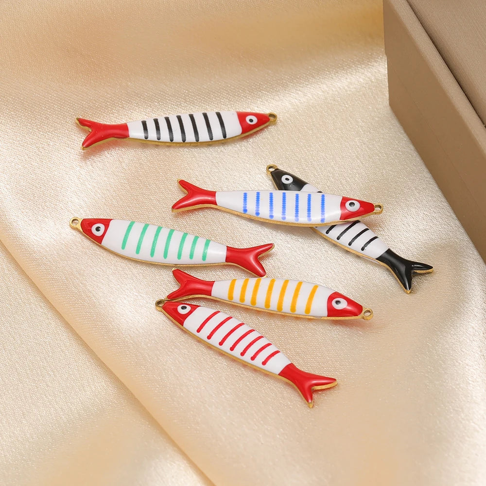 Ocean Style Cute 18k Gold Plated Stainless Steel Rainbow Colorful Enamel Fish Charm Pendant for Jewelry Necklace Making