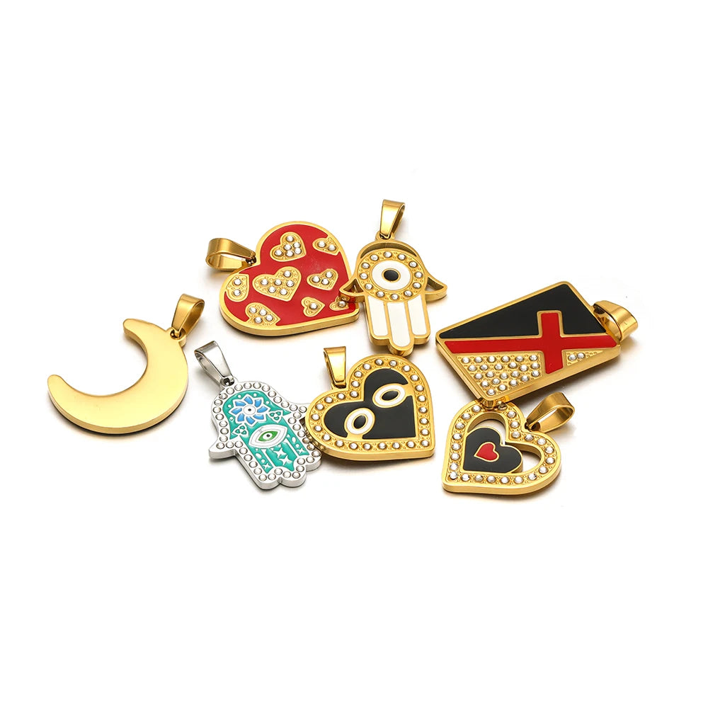 Exquisite Stainless Steel Gold Plated Dripping Oil Eyes Heart Moon Charm Pendant for DIY Jewelry Making Wholesale