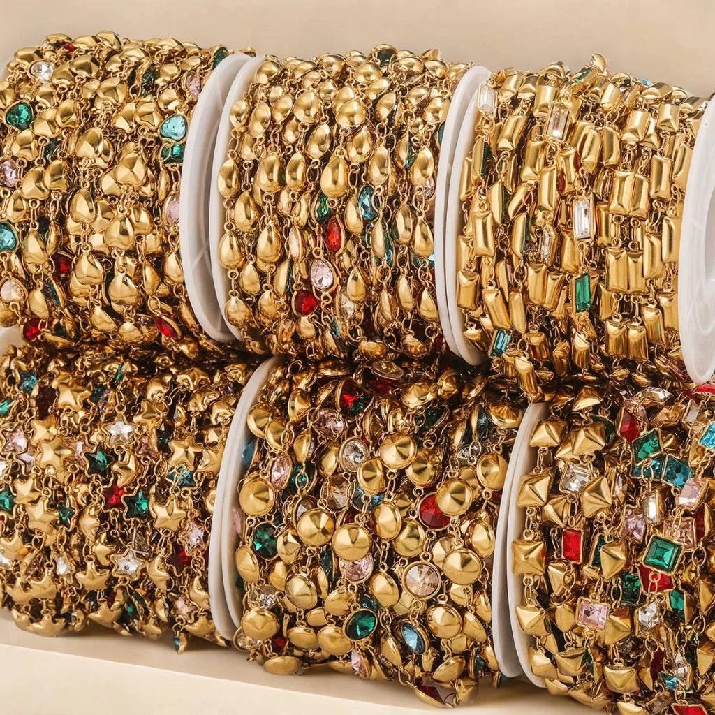 A2762 Fashion 18k Gold Stainless Steel Chain Star Heart Crystal Beads Beaded Rosary Chain for Necklace Bracelet Making