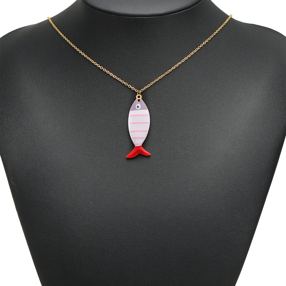 Fashion 18k Gold Plated Stainless Steel Enamel Striated Fish Charm Pendant for DIY Necklace Jewelry Making Accessories