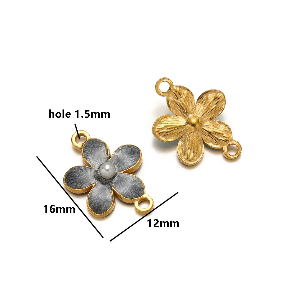 Enamel Flower Charms 18k Gold Plated Stainless Steel Double Hole Flower Pearl Charm Pendant for DIY Jewelry Making Accessories