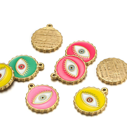 French Drop Oil  Eye Pendant Stainless Steel Gold Plated Colored Coin Shape Enamel Eyes Charm Pendant for Jewelry Making
