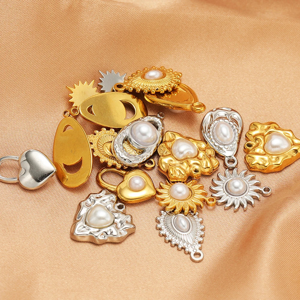 Vintage Style 18k Gold Plated Stainless Steel Heart Sun Lock Oval Pearl Charm Pendant for Women Jewelry Making Accessories