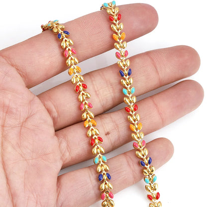A2157 Fashion Good Quality 18k Gold Stainless Steel Necklace Chain Enamel Leaf Colorful Chain Jewelry Diy