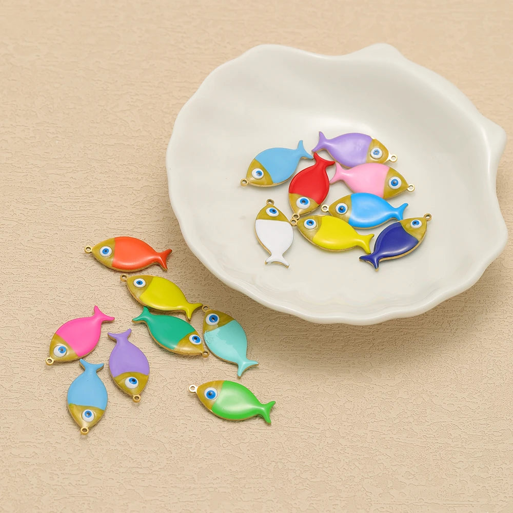5pcs/bag Children's 18k Gold Plated Stainless Steel Enamel Fish Charm Pendant for Jewelry Necklace Making Accessories
