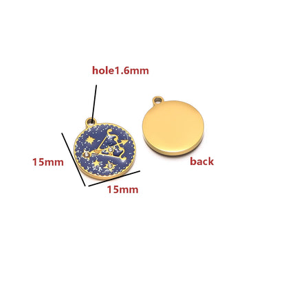 Wholesale 12 Constellations Enamel Charms Set - 15mm Gold Round Zodiac Pendants with 1.6mm Single Hole