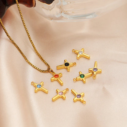 Tiny Mini 18k Gold Plated Stainless Steel Hollow Cross Zircon Charm Pendant for Jewelry Making Accessories