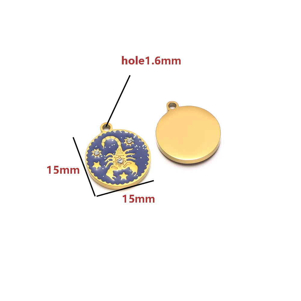 Wholesale 12 Constellations Enamel Charms Set - 15mm Gold Round Zodiac Pendants with 1.6mm Single Hole
