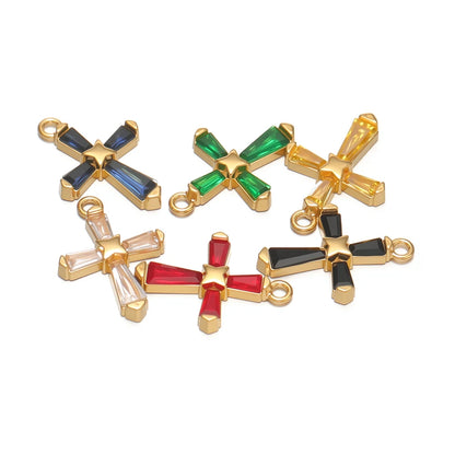 18K Gold Hollow Cross Charm Single-sided Zircon Inlay Geometric Rectangle CZ Pendant Findings Religious Jewelry DIY Necklace