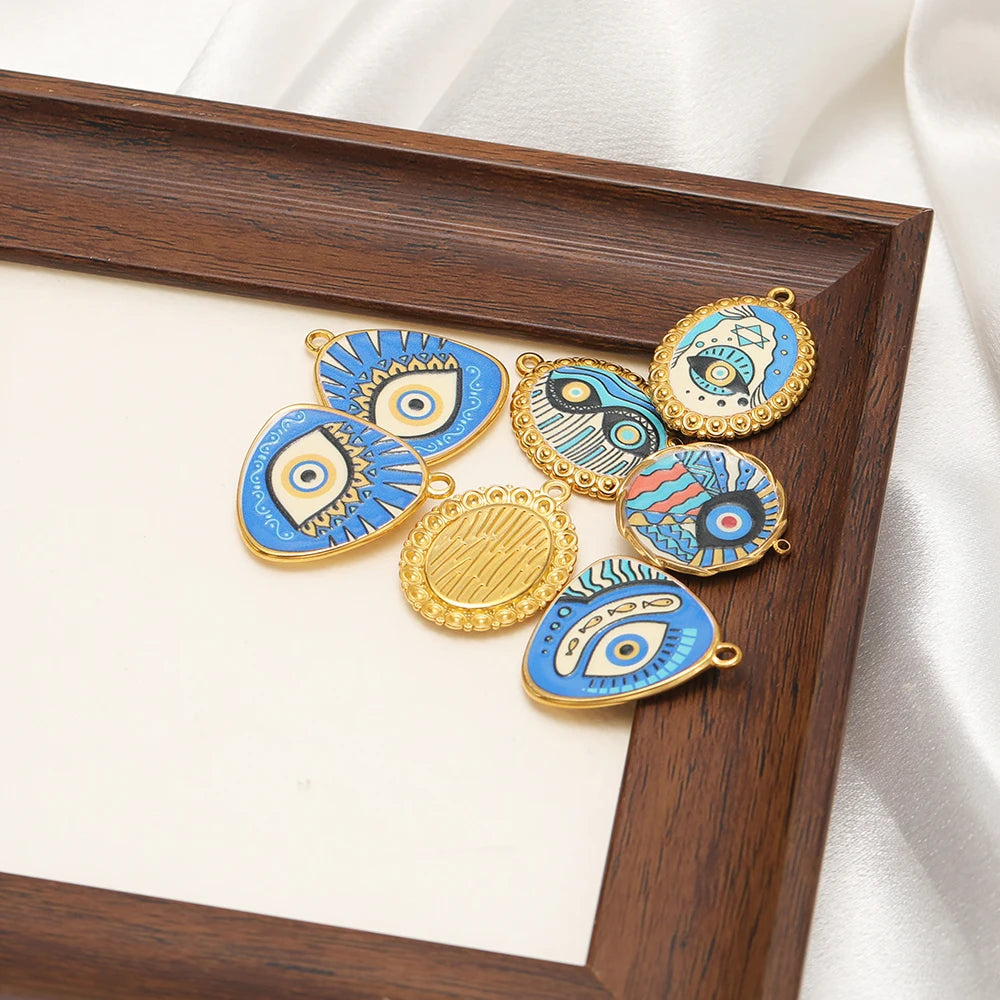 Bohemian Style Stainless Steel 18k Gold Plated Mixed Colors Enamel Oval Eye Charms Pendant for Diy Jewelry Necklace Making