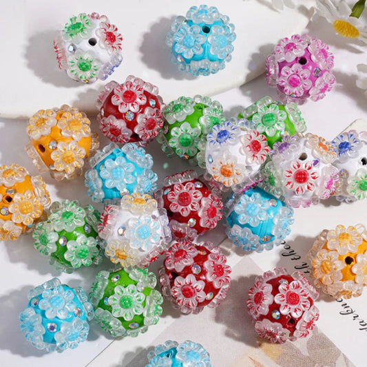Clay Focal Beads Mixed 3D Embossed Cartoon Character Floral Print with Rhinestone Inlay for Beadable Pen DIY Bulk Craft Supplies