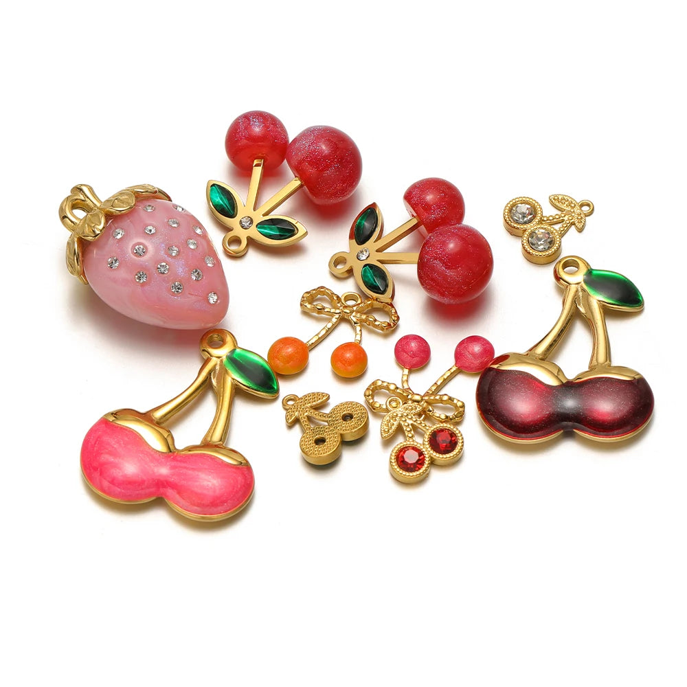 Lovely Fruit Charms 18k Gold Plated Stainless Steel Enamel Cherry Strawberry Zircon Charm Pendant for DIY Jewelry Making