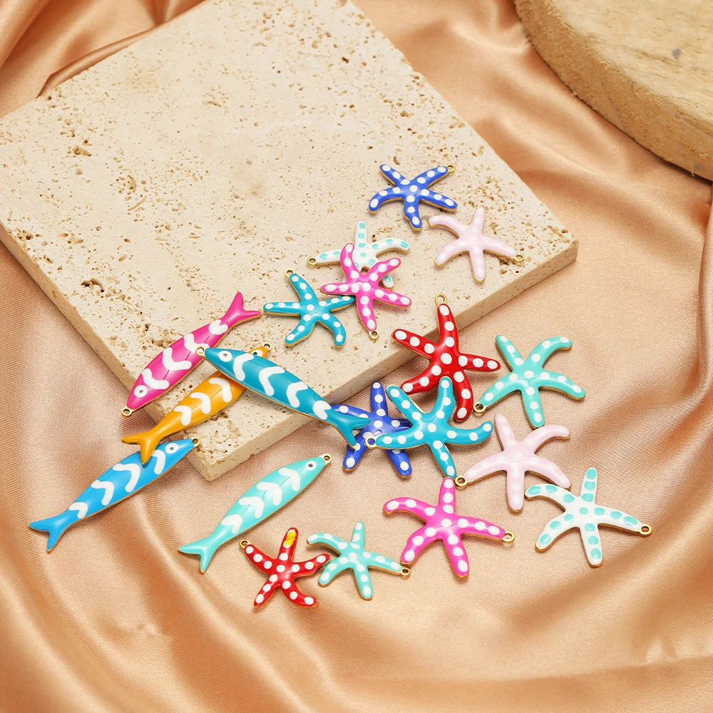 Wholesale Enamel Charms 18k Gold Plated Stainless Steel Enamel Starfish Fish Charm Pendant for DIY Necklace Jewelry Making