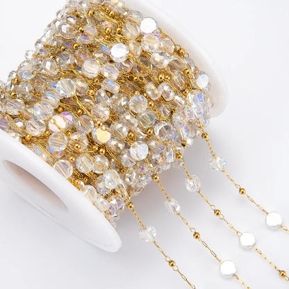 A1860 Hot Selling Crystal clear Beads Chain Beaded Gold Rosary Chain 18k Stainless Steel Jewelry Making Findings
