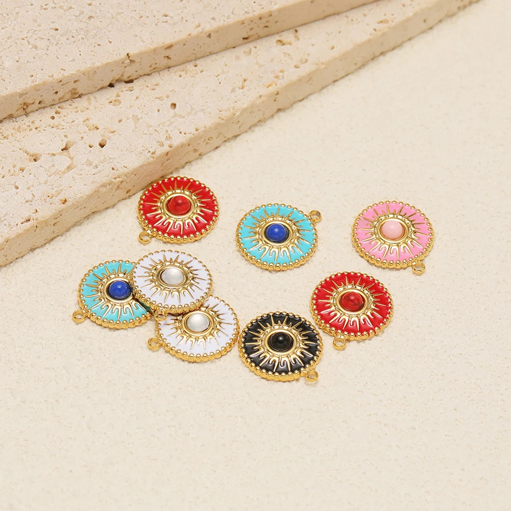 Bohemian Style Stainless Steel 18k Gold Plated Drop Oil Circular Sun Charms Pendant for DIY Jewelry Necklace Making