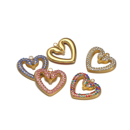 Wholesale Stainless Steel Gold Plated Two Snakes Colored Zircon Hollow Heart Charm Pendant for Necklace Jewelry Making