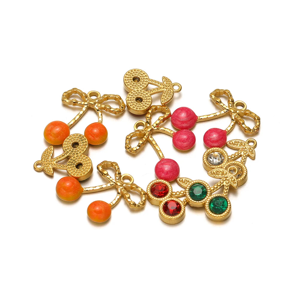 Lovely Fruit Charms 18k Gold Plated Stainless Steel Enamel Cherry Strawberry Zircon Charm Pendant for DIY Jewelry Making
