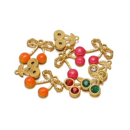 Lovely Fruit Charms 18k Gold Plated Stainless Steel Enamel Cherry Strawberry Zircon Charm Pendant for DIY Jewelry Making