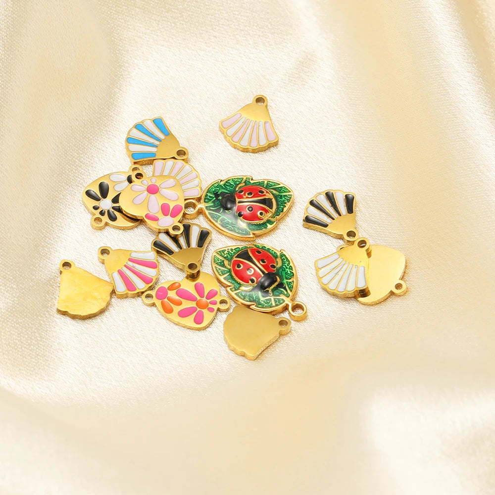 18k Gold Plated Stainless Steel Enamel Fanshaped Ladybird Heart Flower Charm Pendant for Jewelry Making Accessories