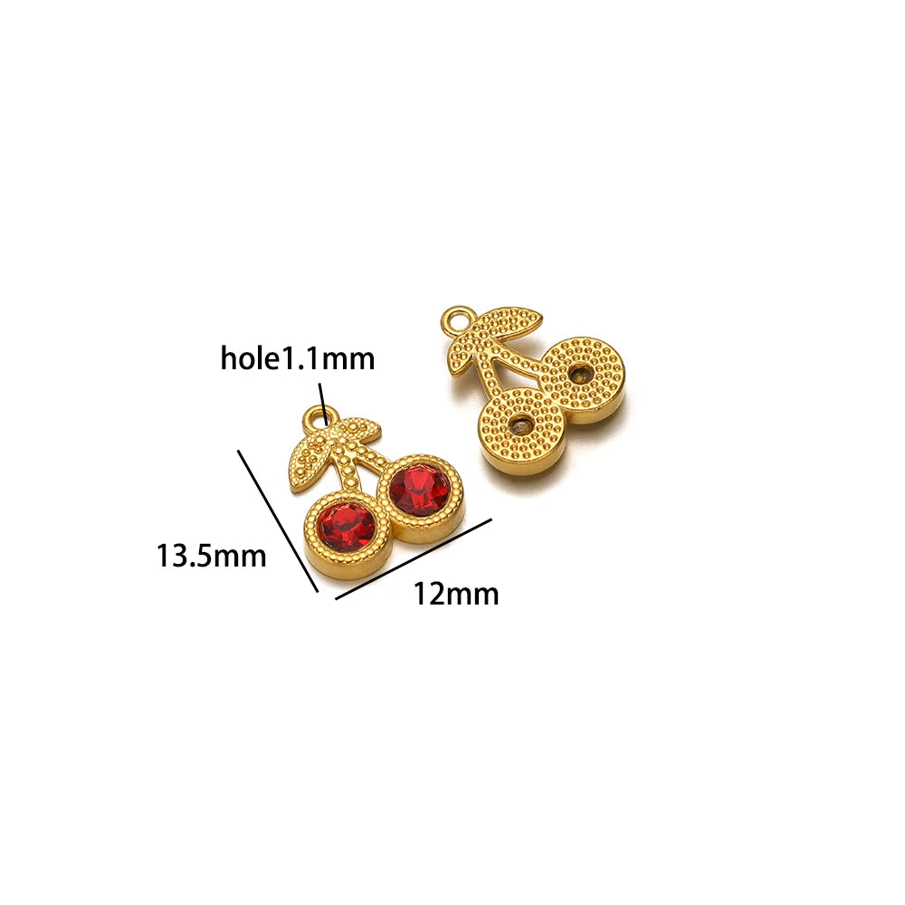 Lovely Fruit Charms 18k Gold Plated Stainless Steel Enamel Cherry Strawberry Zircon Charm Pendant for DIY Jewelry Making