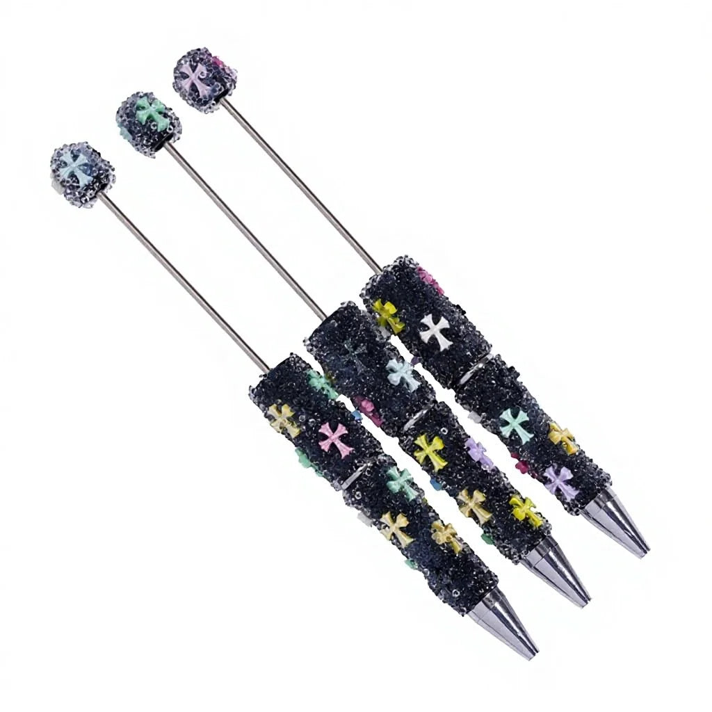 Sugar Beadable Pens with Shiny Cross Clear Rhinestones Full Cover Ballpoint Pens for DIY Beaded Pen Making