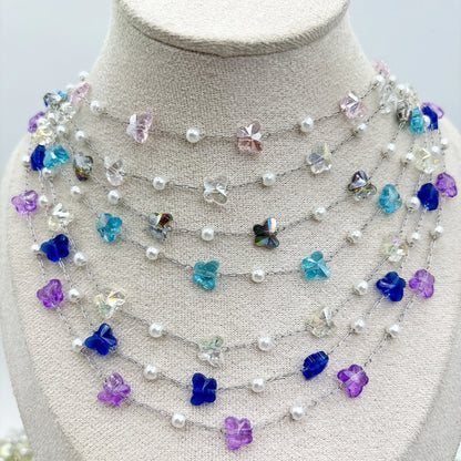 E248 Silver Plated Stainless Steel Permanent Chain Colorful Crystal butterfly Charm Chain White Pearl Beads Chains for Diy