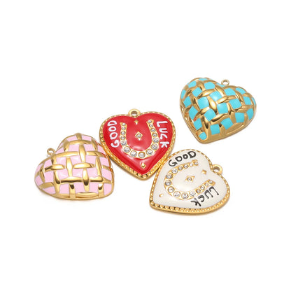 Colorful Enamel Heart Charms with Golden Weave Pattern, Good Luck Lucky Heart Pendant with Rhinestone for DIY Jewelry Making