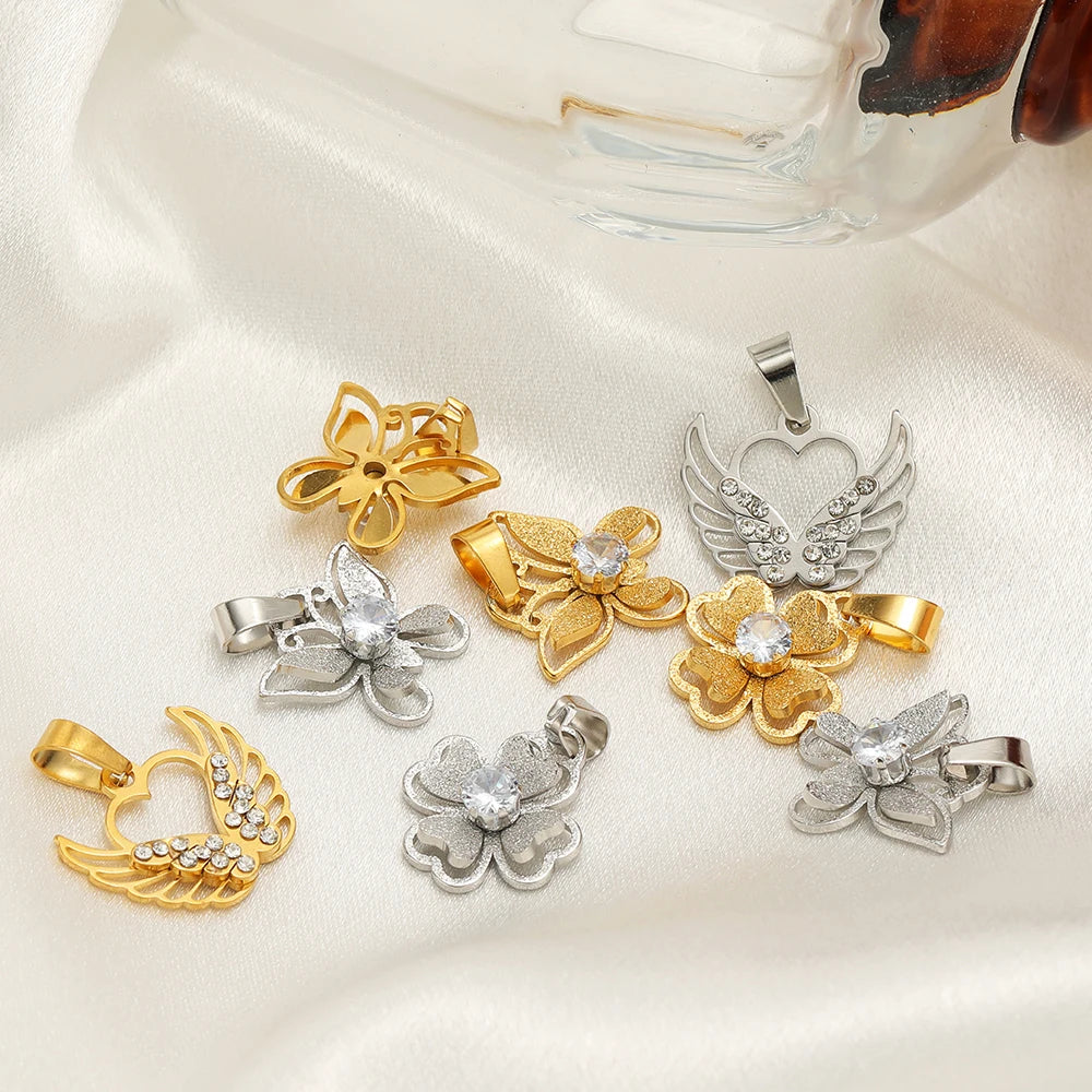 18k Gold Plated Stainless Steel Hollow Butterfly Wing Flower Zircon Charm Pendant for DIY Jewelry Making