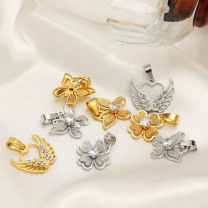 18k Gold Plated Stainless Steel Hollow Butterfly Wing Flower Zircon Charm Pendant for DIY Jewelry Making