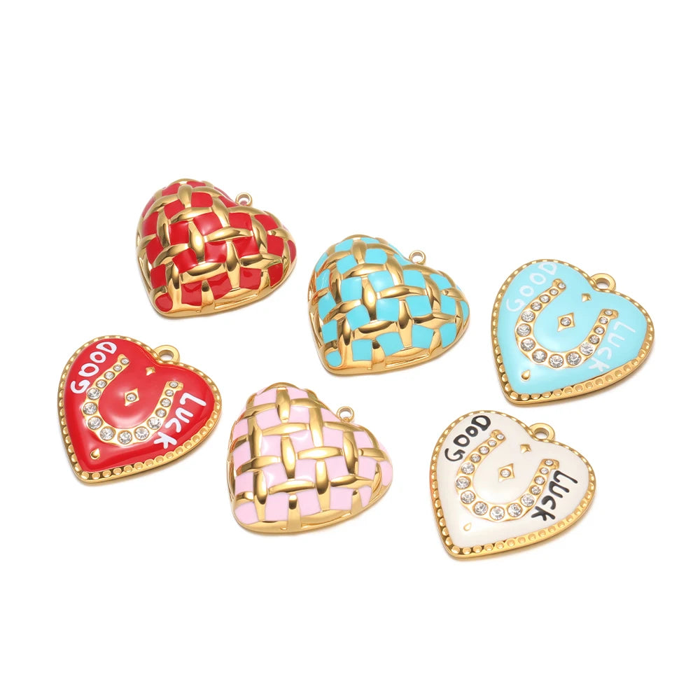 Colorful Enamel Heart Charms with Golden Weave Pattern, Good Luck Lucky Heart Pendant with Rhinestone for DIY Jewelry Making
