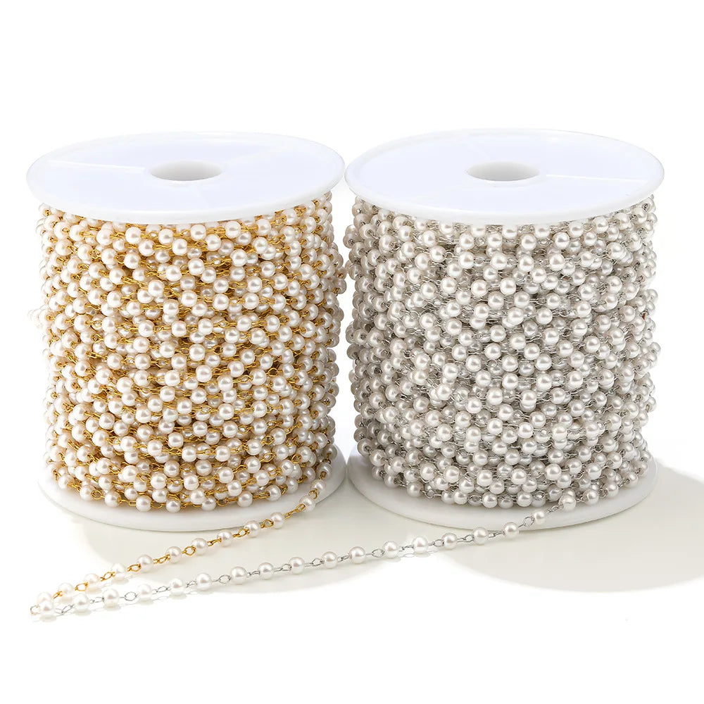 E048 Pearl Beads Chain Gold Silver Stainless Steel Link Waterproof Chain for Necklace Bracelet Making