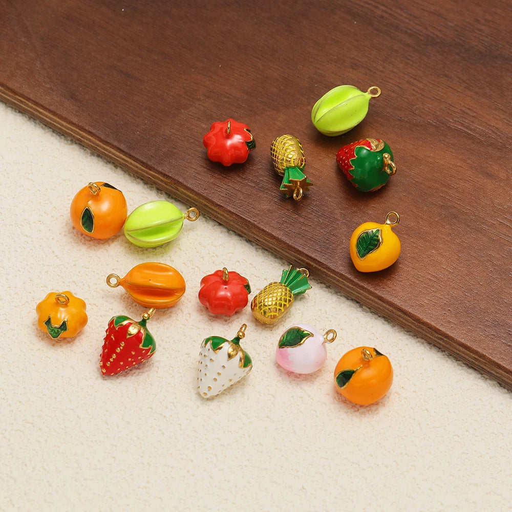 Fruit Series Charm Stainless Steel 18k Gold Plated Oil Drop Strawberries Pineapples Pumpkins Pendant for Jewelry Necklace Making