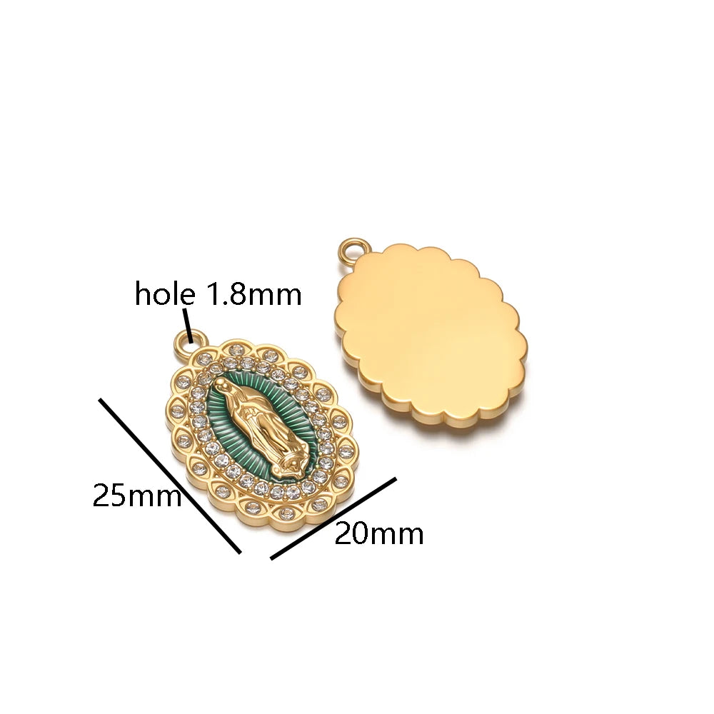 Retro Stainless Steel 18k Gold Plated Enamel Oval Jesus Zircon Charms Pendant for Diy  Religious Jewelry Necklace Making