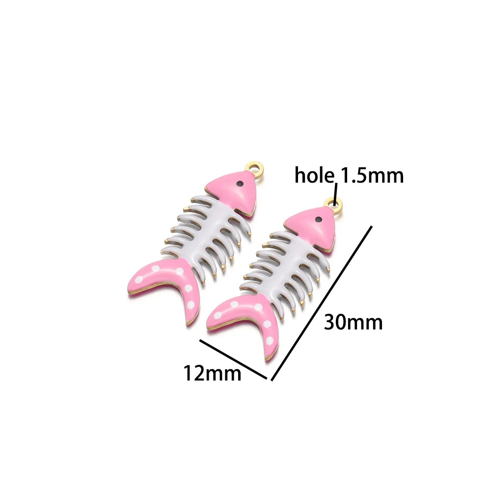 No Tarnish 18k Gold Plated Stainless Steel Small Enamel Fishbone Charm Pendant for Jewelry Necklace Making Accessories