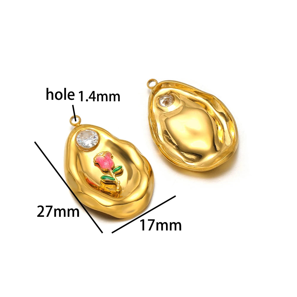 Fashion 18k Gold Plated Stainless Steel Enamel Flower Zircon Heart Key Ladybird Charm Pendant for Jewelry Making Accessories