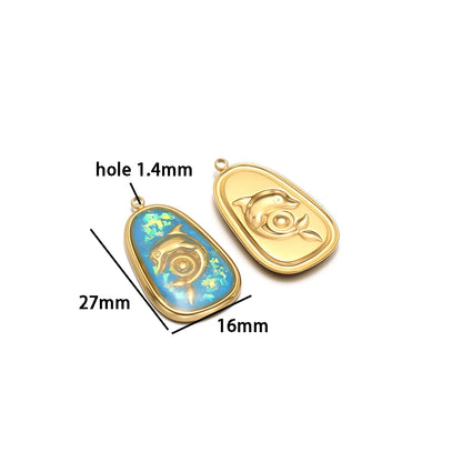 Vintage 18k Gold Plated Stainless Steel Oval Enamel Dolphin Charm Pendant for DIY Necklace Jewelry Making Accessories