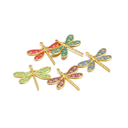 Retro Style Stainless Steel 18k Gold Plated Enamel Dragonfly and Flower Charms Pendant for Jewelry Necklace Making Accessories