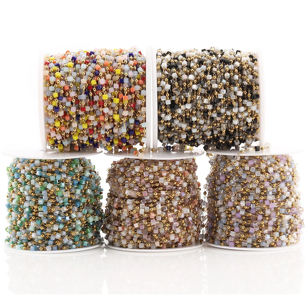D169 Non Tarnish Stainless Steel Rosary Chain Colorful Stone Bead Chains for Jewelry Necklace Bracelets Findings