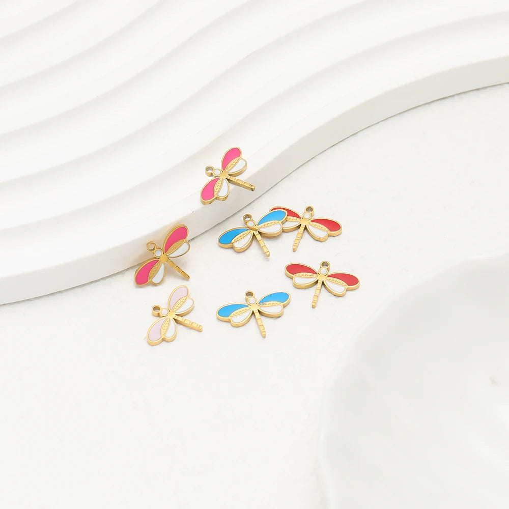 Factory Wholesale 18k Gold Plated Stainless Steel Enamel Dragonfly Charm Pendant for DIY Necklace Earrings Jewelry Making