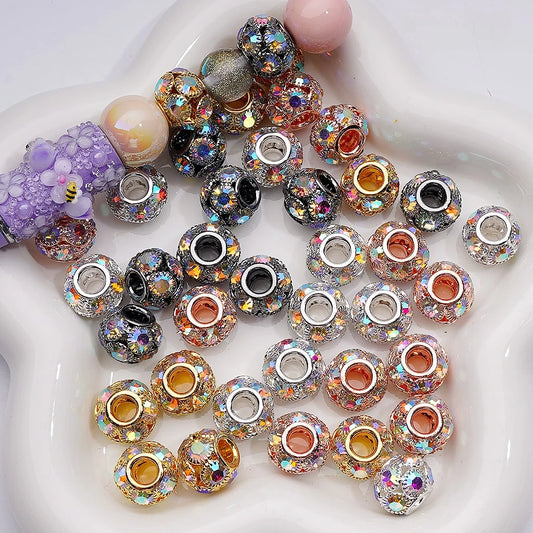 Rhinestone Inlaid Multi-Color Large Hole Round Metal Spacer Beads for Handmade Jewelry Supplies
